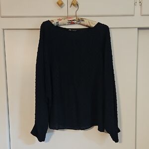 Zara L Navy Long Sleeve Blouse W/ Polka Dot Accent Design, Elastic Ruffle Cuffs